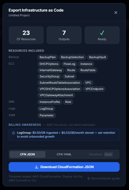 The Export IaC modal — shows resource summary, validation warnings, and download button