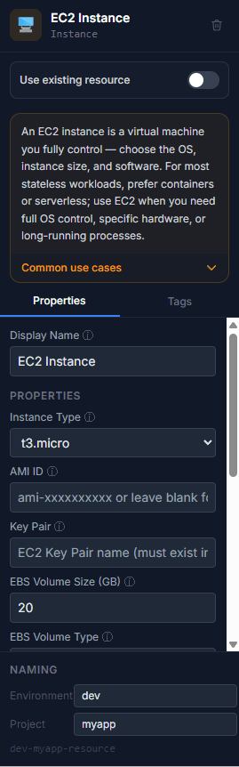 The property panel — right sidebar showing editable fields for a selected resource
